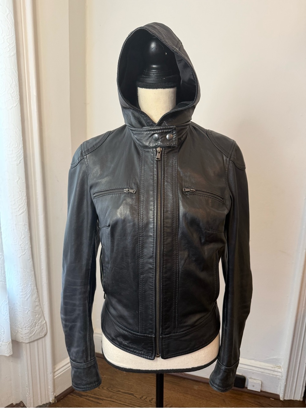 Vera Pelle Black Leather Moto Jacket Removable Hoodie Women's XS